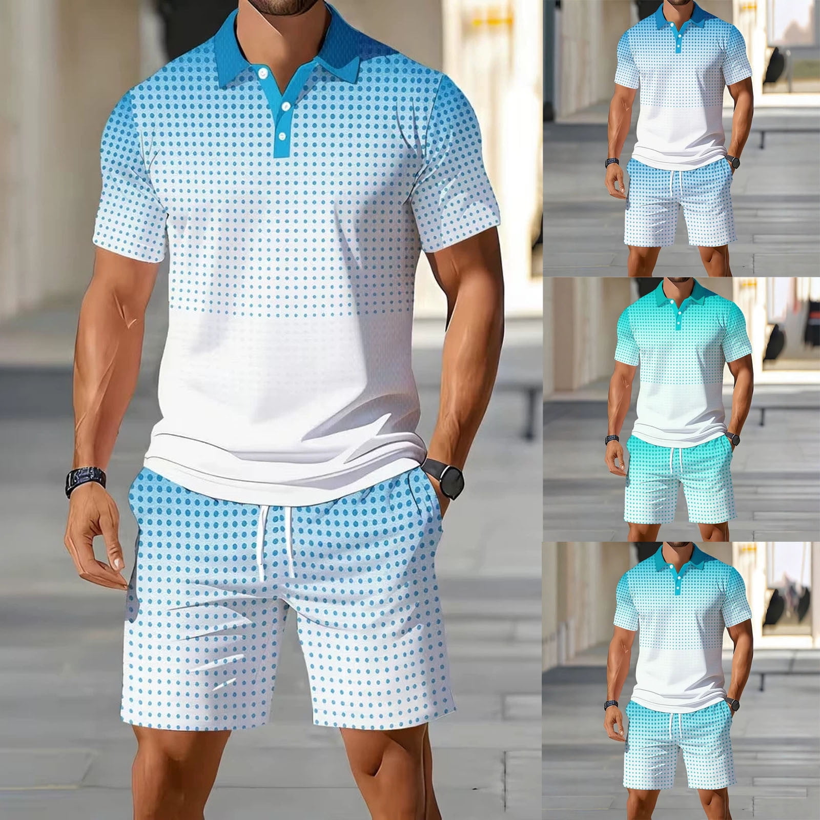 Rove Studio Men&rsquo;s Summer Two-Piece Outfit: Gradient Dot Short-Sleeve Polo Shirt & Matching Shorts &ndash; A Lightweight Breathable Casual Set for Travel Everyday Wear and Outdoor Activities Coffee L