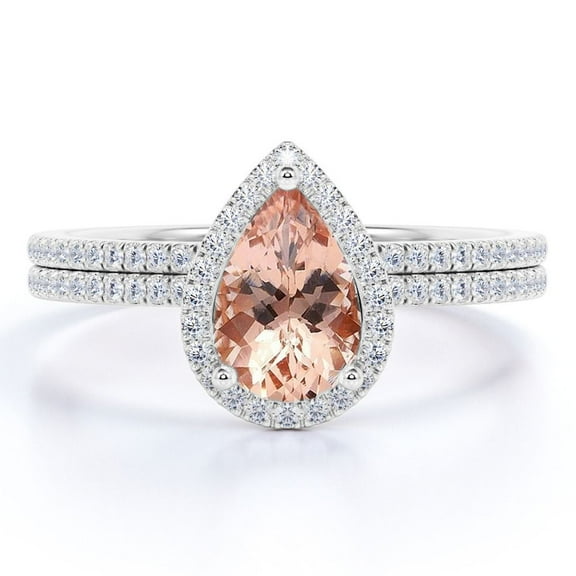 JeenMata Classic Halo 1.5 Carat Almond Shaped Lab Created Morganite and Moissanite Pave Wedding Ring Set in 18K White Gold Plating over Silver