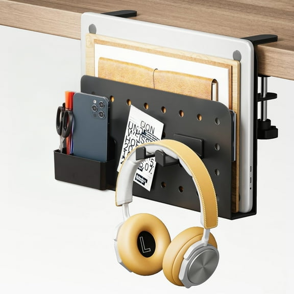 Desk Side Storage Organizer, No Drill Under Desk Laptop Holder, Clamp on Desks Shelf with Pegboard Accessories, Hanging Laptop Mount, Fits Flat Edge 0.4" to 2.2", Black