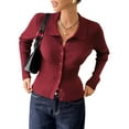 thumbnail image 3 of Women Long Sleeve Button Down Ribbed Knit Cardigan Shirt Casual Slim Fit Collared Sweater Top Dark Red M, 3 of 9