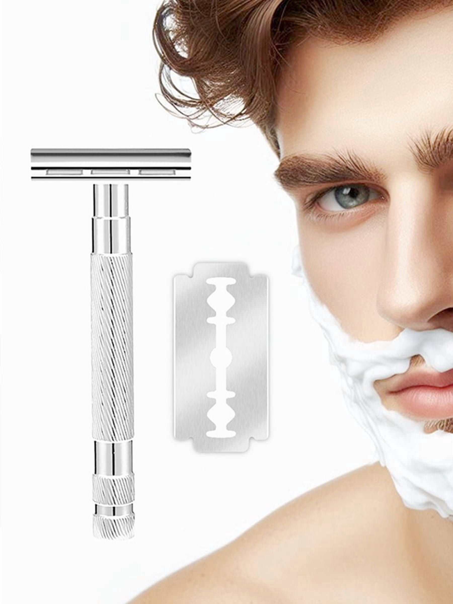Waysh Classic Double Edge Safety Razor Gift Set for Men with Knurled Non-Slip Handle, Includes Stand & 20 Blades, Chrome Silver
