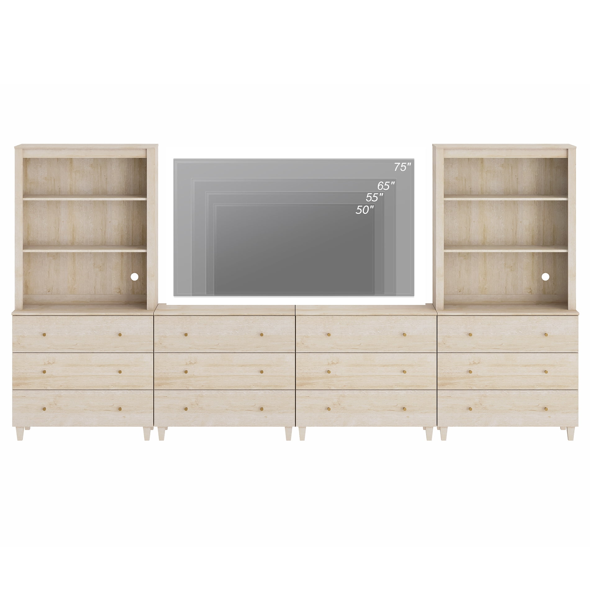 WAMPAT Entertainment Center for 75 Inches TVs with Bookshelves & Drawers, Light Oak