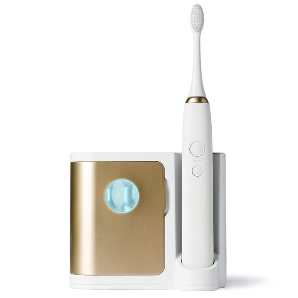 Vanity Planet Elements Cepillo de dientes eléctrico ultrasónico - Dorado - Cuidado bucal avanzado con base de carga desinfectante UV con 3 cabezales de repuesto - 99,9% eficaz para mantener los diente