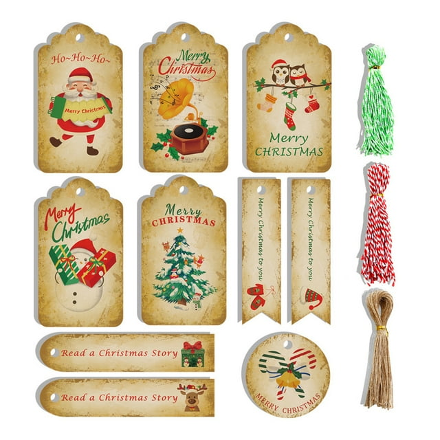 Injueey 150 Uds bolsas de embalaje de Navidad etiquetas colgantes tarjeta con cuerdas etiquetas reutilizables Kraft decoración DIY accesorios Kits de decoración para fiestas