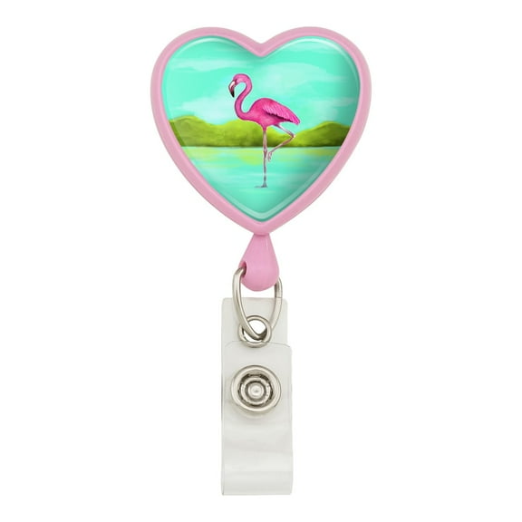 Pink Flamingo in Water Heart Lanyard Retractable Reel Badge ID Card Holder
