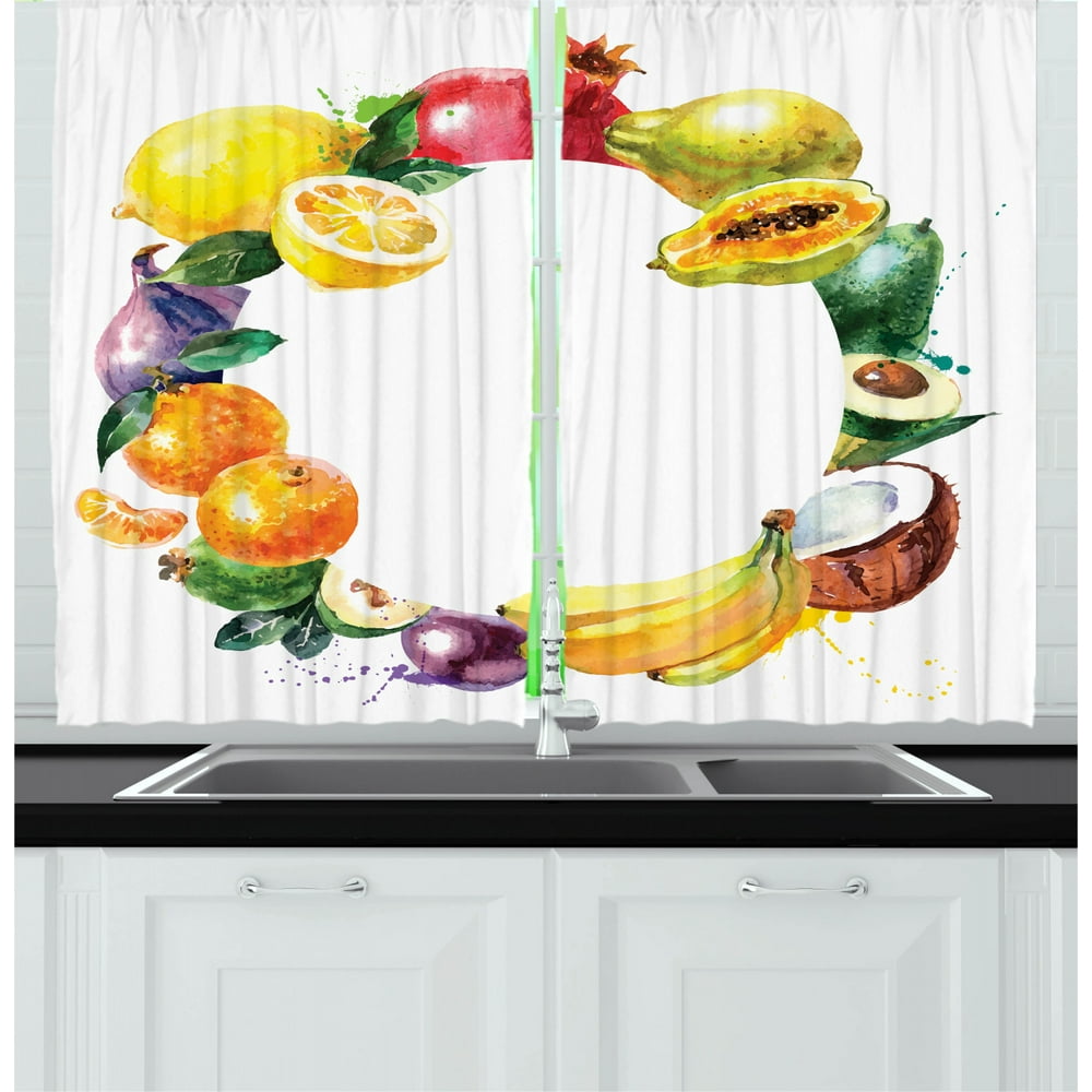 Fruit Curtains 2 Panels Set, Nature Food with Banana Lemon Avocado