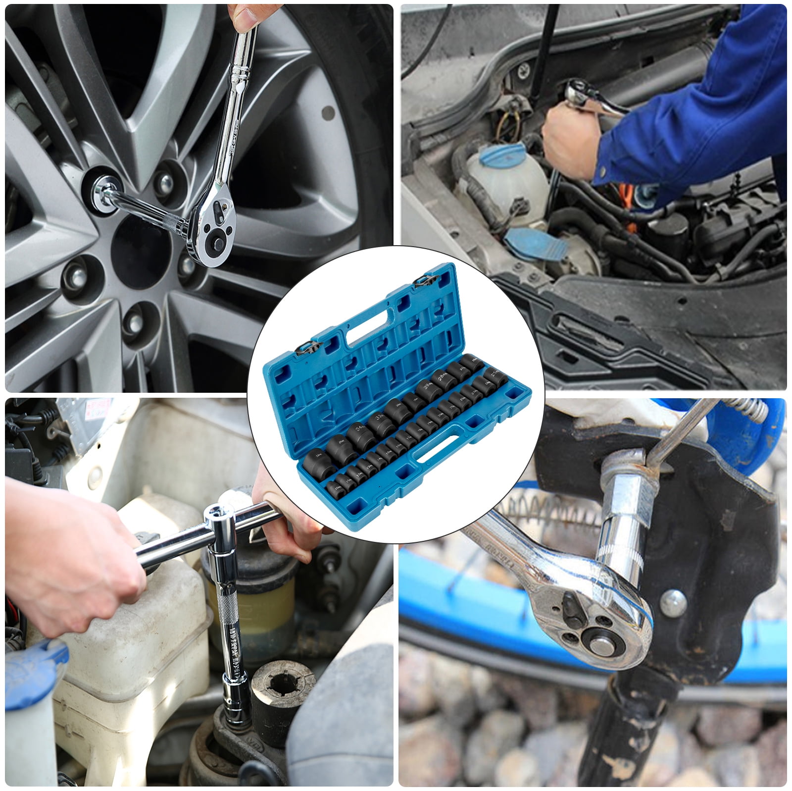 KFFKFF Impact Socket Kit 1/2" 26-Piece Impact Socket, Shallow Socket, 6-Point Socket, Rugged Construction, CR-M0, 1/2" Drive Socket Kit Impacts Metric 10mm - 36mm with Storage Cage