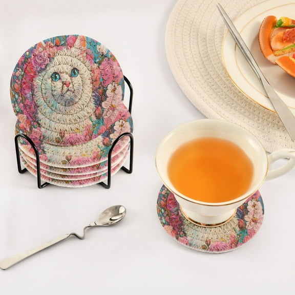 BZSMCE 6Pcs Drink Coasters With Holder 3.94Inch Cat Surrounded by Pink Flowers Creative Coil Coaster Coasters Colors Absorbent Coasters for Drinks Coasters Set Thicken Heat for Home Table