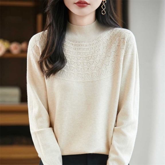 Womens Tops Thermal Leggings For Women Women's Fashion Casual Solid Color Semi-turtle Neck Loose Bottoming Knitted Bottoming Shirt Top,Beige,M