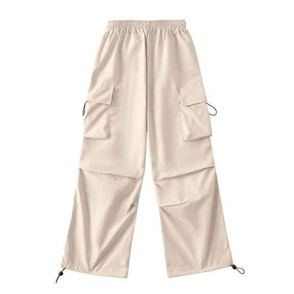 QUYUON Womens Hiking Pants Discount Casual Pants Sports Pants Drawstring Cargo Pants Wide-leg Pockets High Waisted Casual Pants Women Long Pant Leg Length Activewear Style P4326 Beige L