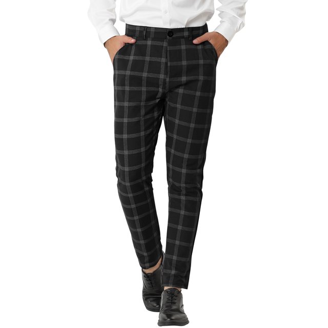 INSPIRE CHIC Men's Dress Plaid Slim Fit Flat Front Business Pants with Pockets 30 Black