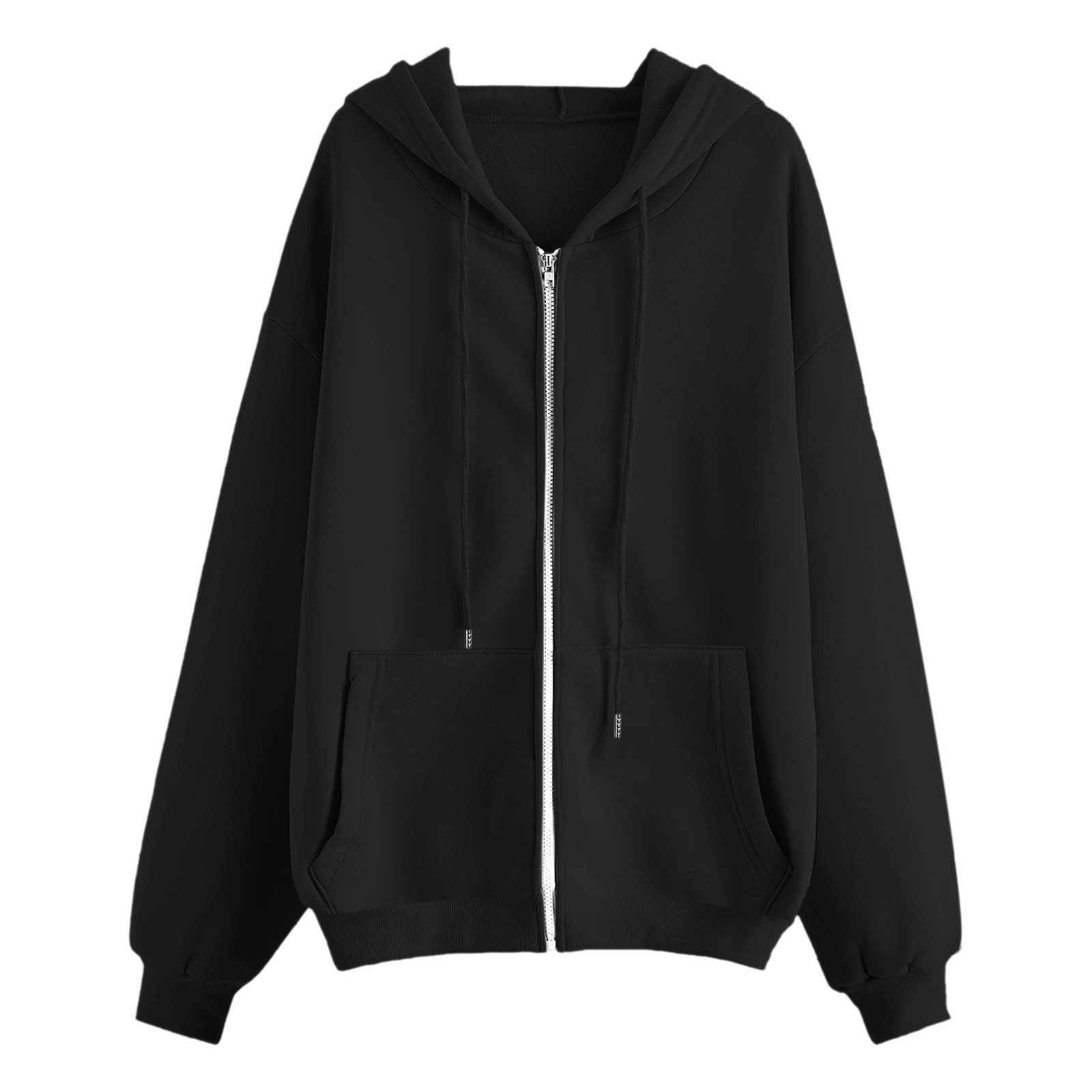 FASHOFT Oversized Hoodies For Women Casual Comfy Solid Loose Zipper Hooded Coat 2026 Full Zip Pullover Sweaters Spring Outfits Black L