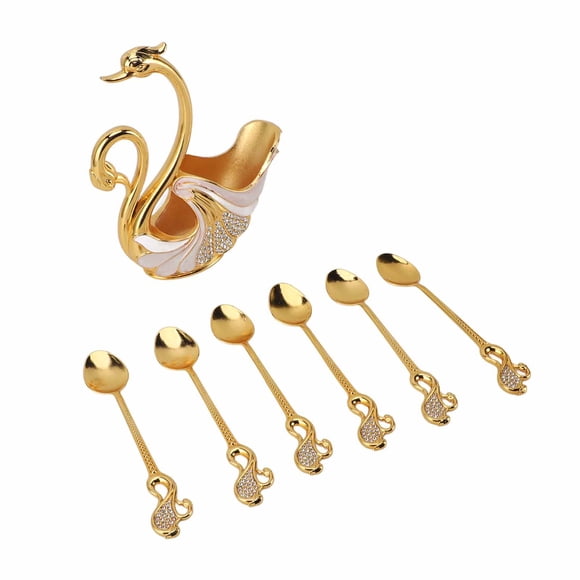 Swan Dinnerware Set, Golden Exquisite Design Decorative Swan Base Holder With 6 Spoons For Coffee Fruit Dessert Stirring Mixing