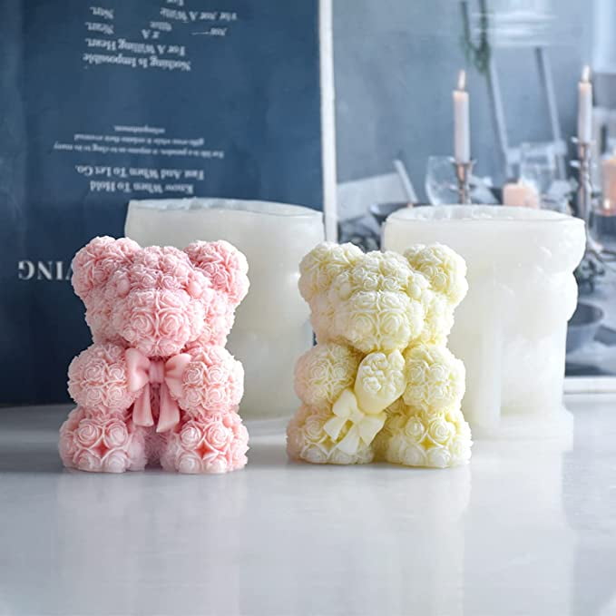 Nvzi Valentine's Day Wedding 3D Rose Bear with Rose Candle Silicone Molds for Making Candle Resin Pillar Aromatherapy Candles Wax Soap Flower Specimen Clay Craft