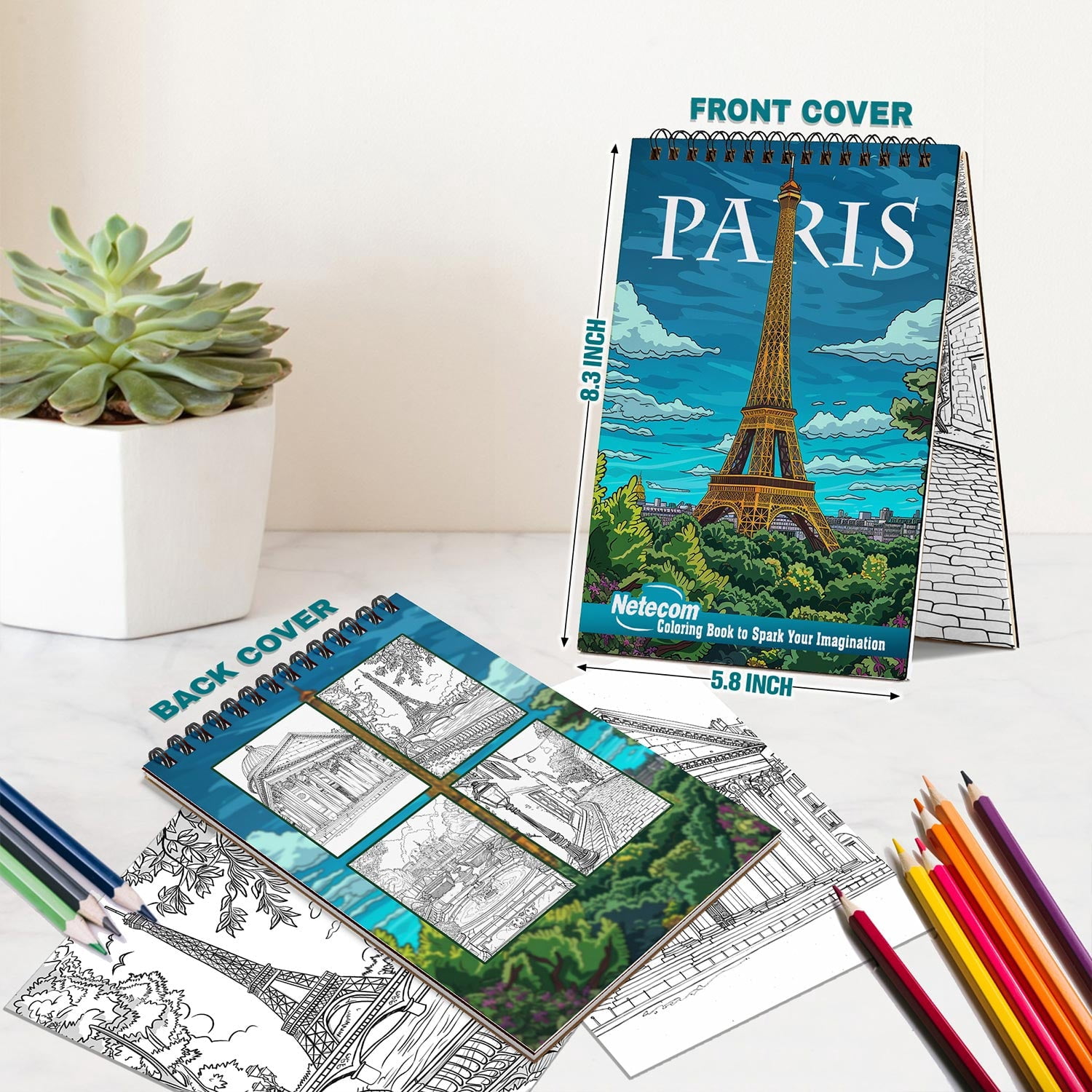 Netecom Paris Coloring Book Spiral Bound for Adults, A5 Wooden Cover, 30 Beautiful Coloring Pages of Iconic Landmarks and Beautiful City Landscape for Stress Relief and Relaxation