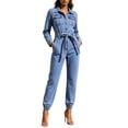 thumbnail image 2 of Kctiaxy Women's Jumpsuits Long Sleeve Turndown Collar Belt Ties Denim Rompers Solid Fashion Jogger Jeans, 2 of 6