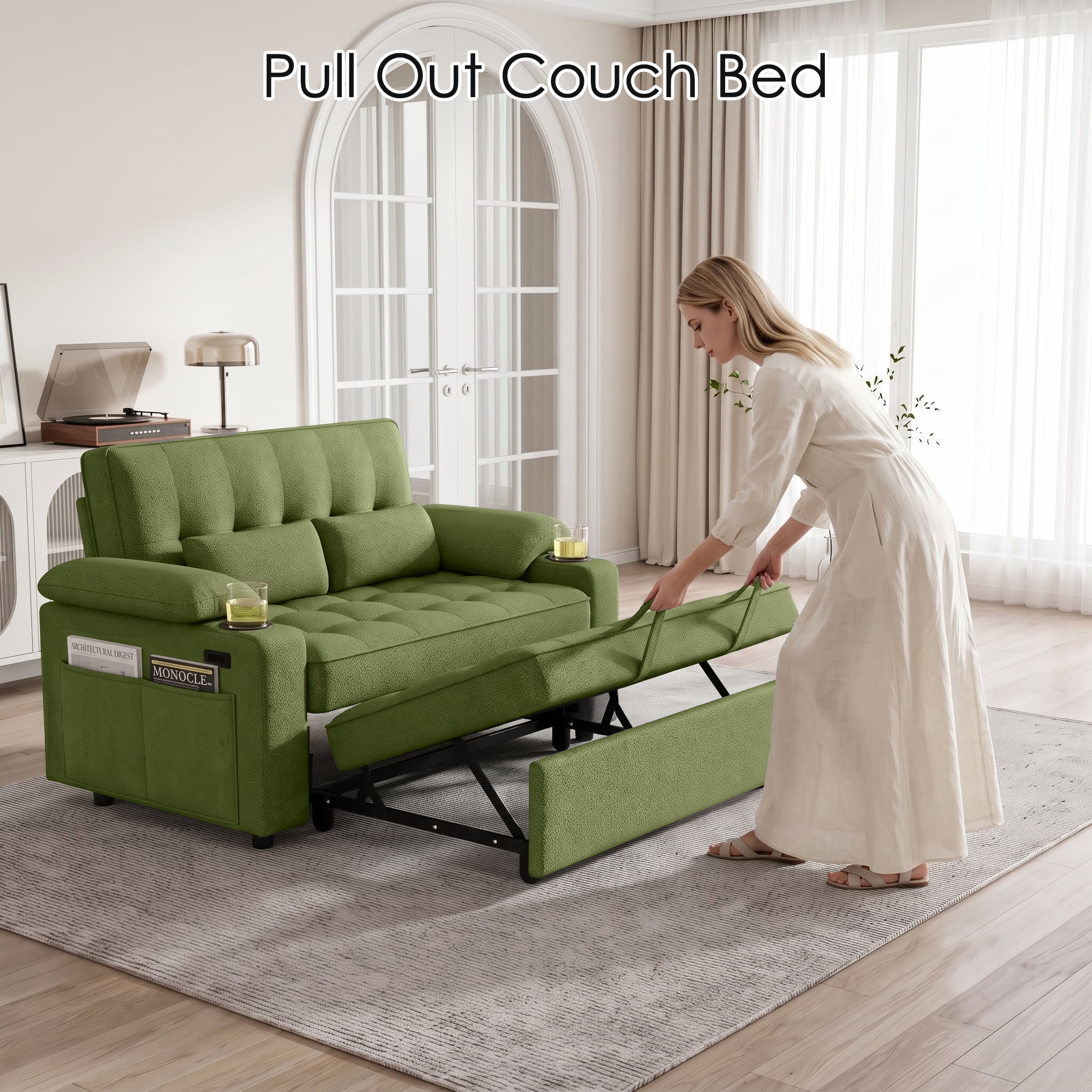58" Convertible Sleeper Sofa Bed, Full Size Pull Out Couch with USB Charging, Cup Holders, Adjustable Backrest & Side Pockets, Towel Fabric Loveseat for Living Room, Apartment, Office (Green)