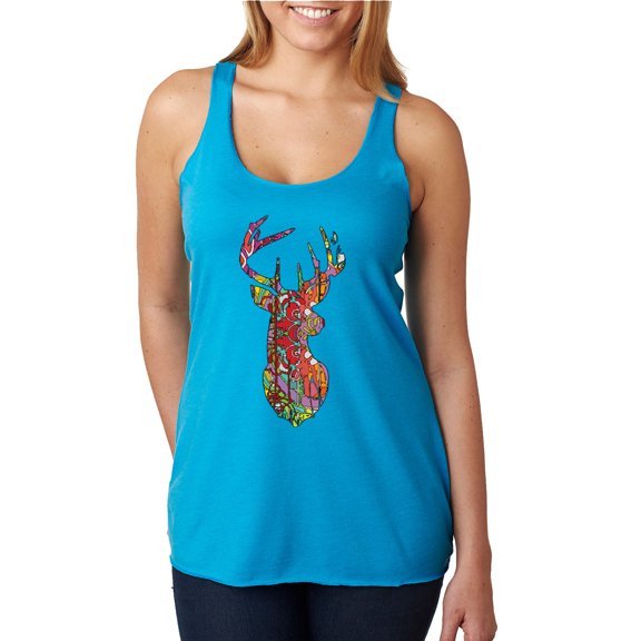 Trippy Colorful Buck Head Rainbow Hunting Deer Mosaic | Womens Animal Lover Premium Tri-Blend Racerback Tank Top, Vintage Turquoise, Large