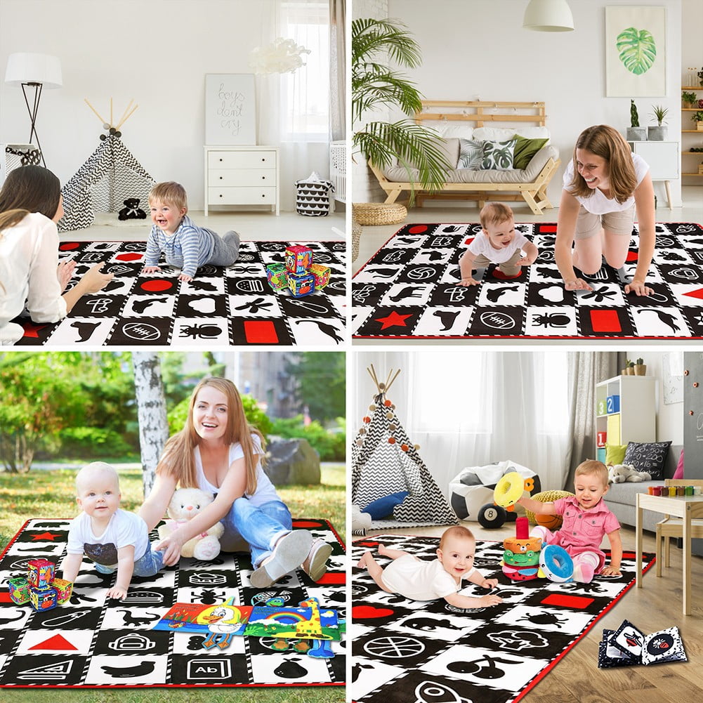 teytoy Baby Mat for Floor,Baby Tummy Time Mat- Black and White High Contrast Interactive Activities Mat,Baby Play Mats for Babies Newborn and Toddlers for Early Learning, Animal Fruits Shapes Vehicles