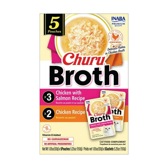 Bouillon INABA Churu – Assortiment de 5 sachets au poulet – Saumon (3) et poulet (2) – Bouillon onctueux au poulet élevé en liberté, vit. E, 150 g, 30 g/sachet