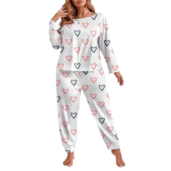 SGMVNU Womens Pajama Sets Cotton Soft Sleepwear Long Sleeve Heart Printed Pullover Top with Pants Winter Lounge Set Plus Size, White, 2XL