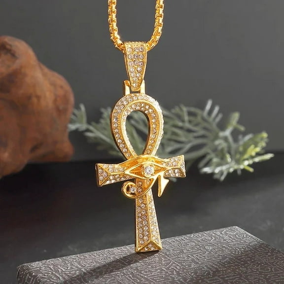 Iced Out Ancient Egyptian God Eye of Horus Ankh 14K Yellow Gold Cross Pendant Necklace Chain Men's and Women's Protection Amulet Jewelry Gift