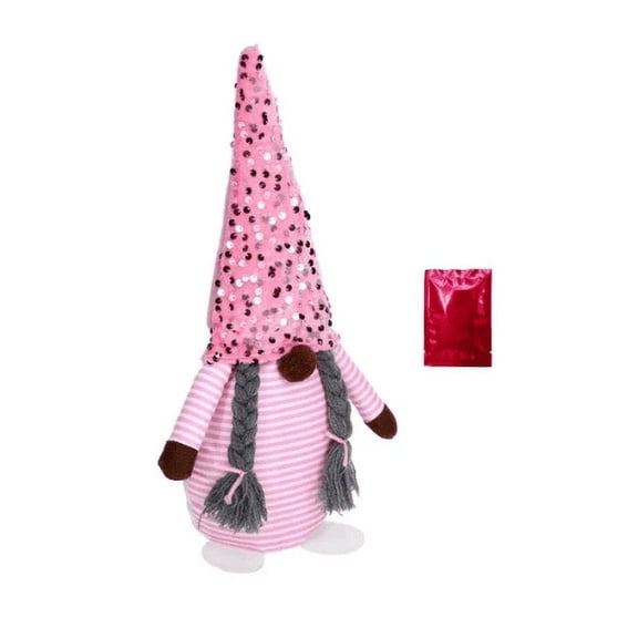 Valentine Tabletop Decoration Sitting Gnome (Sequin Hat Pink) 14-Inch Festive Decor for Shelf and Mantel Accents, Home, Office Desk Decor, or Party Decorations - Includes Canzonet Pennette