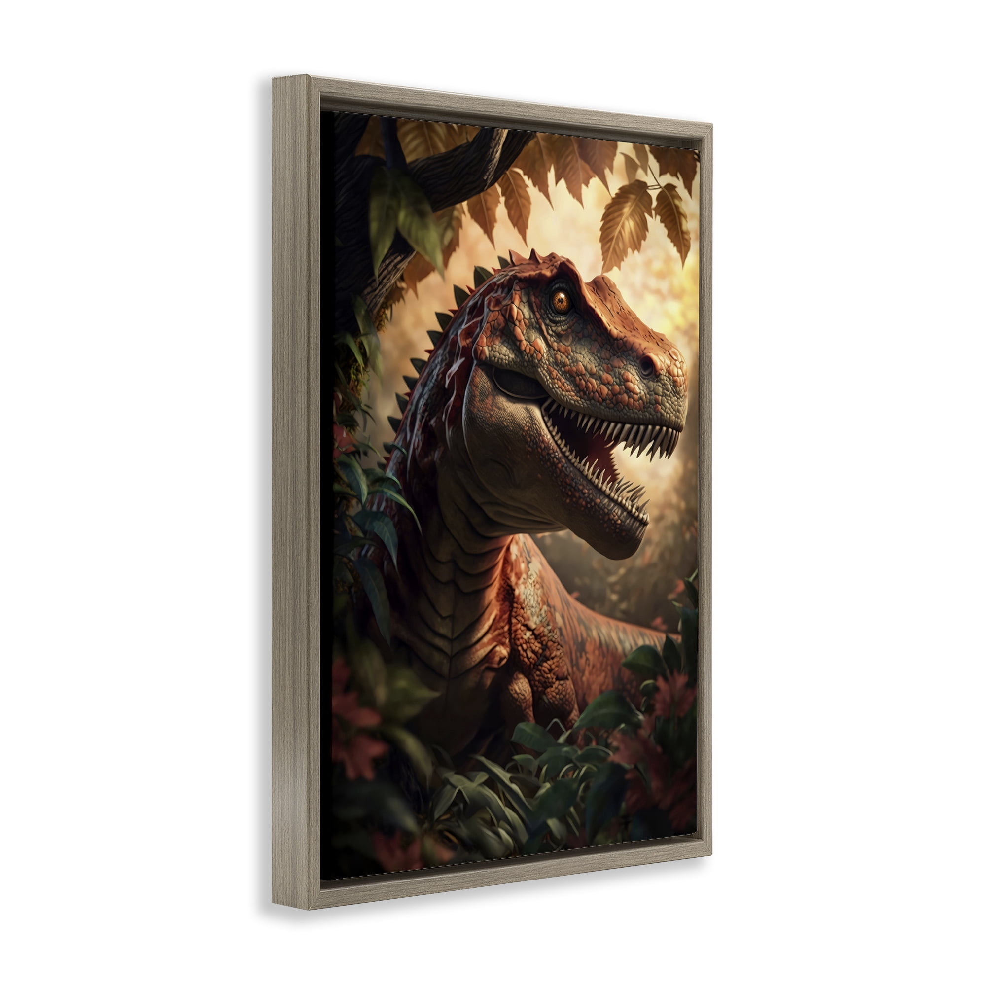 Stupell Industries Jungle Raptor with Ancient Foliage Brown Framed Floater Canvas Wall Art, design by Creative Studio