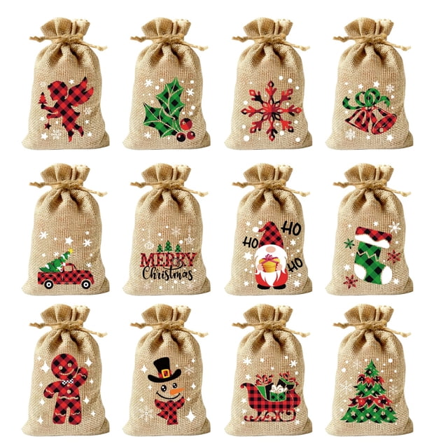36 bolsas de regalo navideñas de arpillera de KIMOBER con cordón de 10 x 15 cm