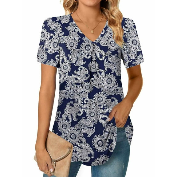 MOSHU T-shirts for Women Pleated Printed Short Sleeve Tunice Tops V Neck Summer Womens Shirts
