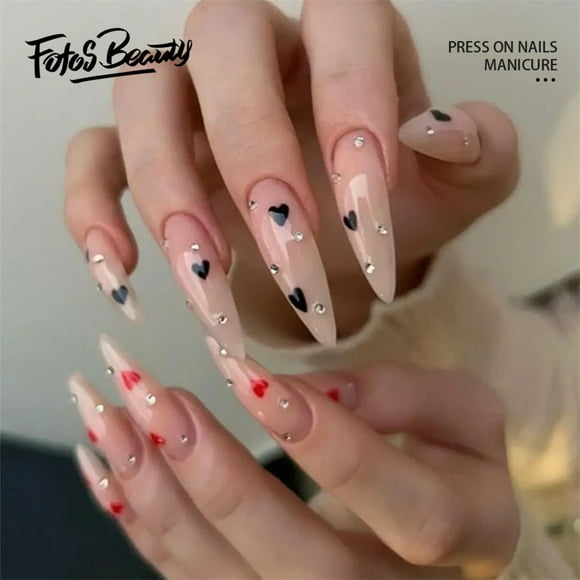 Fofosbeauty 24pcs Press on False Nails Tips, Stiletto Fake Acrylic Nails, Clear Little Heart