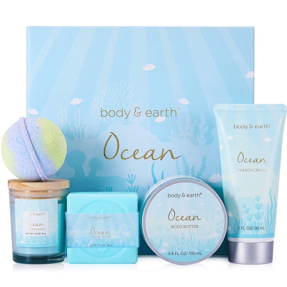 Bath and Body Set for Women, Ocean Spa Baskets Beauty Birthday Valentine's Day Gifts Sets for Her,5 Pcs