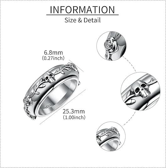 Skull Fidget Spinner Ring 925 Sterling Silver Anxiety Ring for Women Gothic Jewelry Gift for Men(Size 8)
