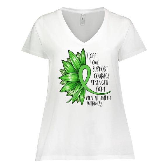 Inktastic Mental Health Awareness Green Sunflower Ribbon Women's Plus Size V-Neck T-Shirt