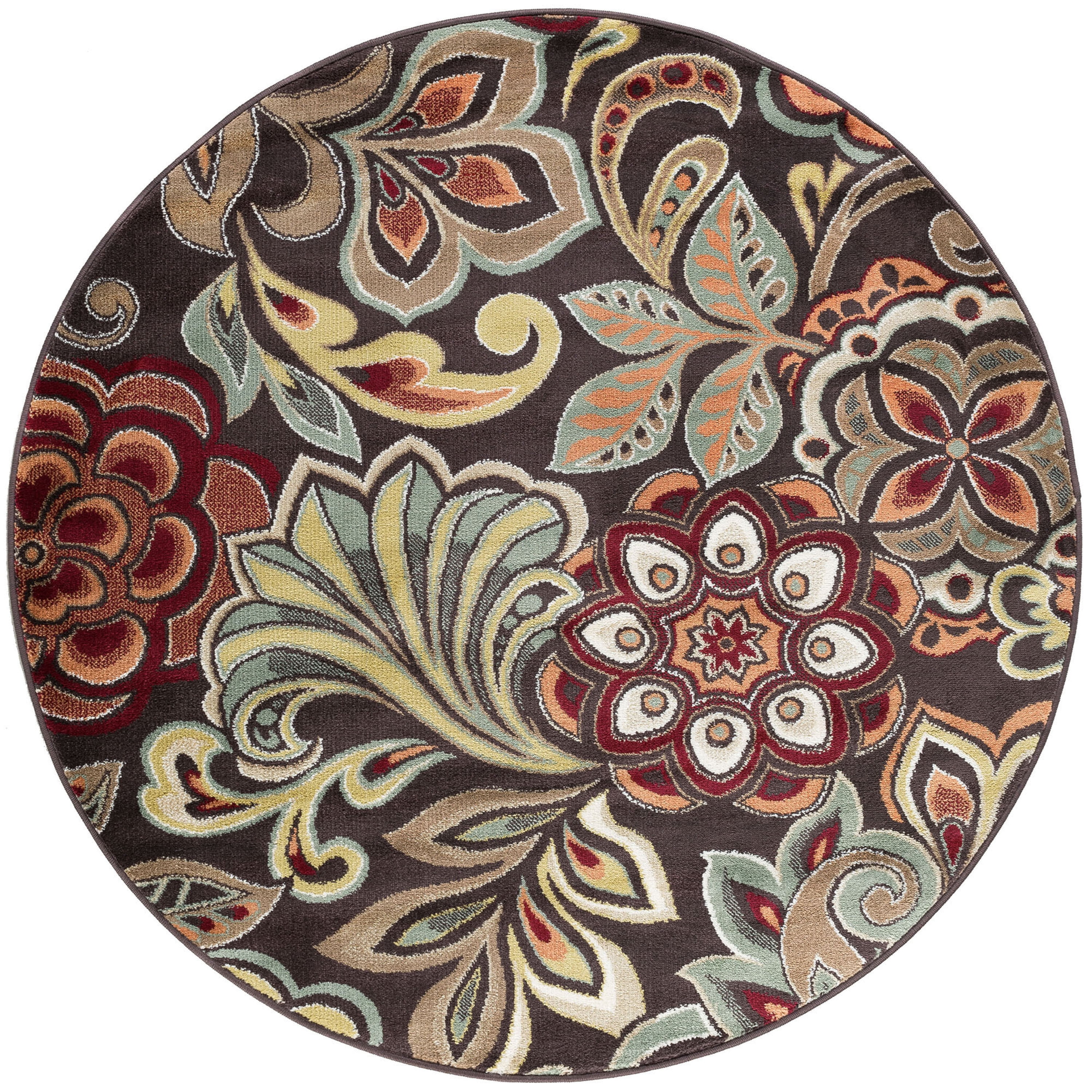 Deco Transitional 5' Round Brown and Red Polypropylene Indoor Area Rug