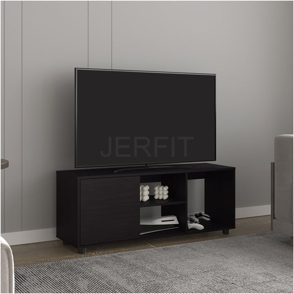 JERFIT Modern 51 inch TV Stand for TVs up to 60" with Storage Cabinet, 4 Open Shelves, Cable Management, for Living Room, Black