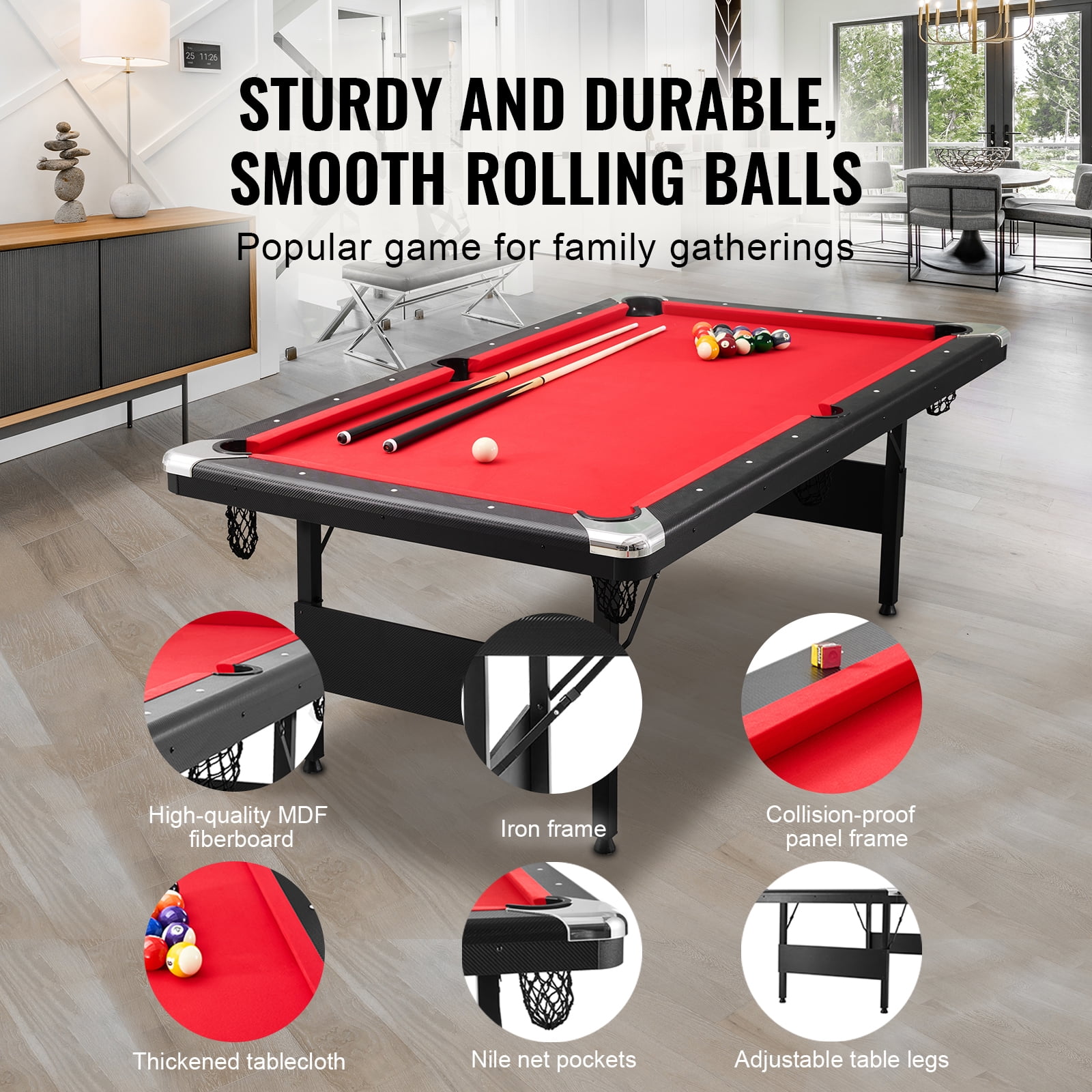 KFFKFF Pool Table, 7-foot, Compact Folding Design, Complete Billiard Set with Balls, Sticks, Chalks, and Brush, Black Frame with Red Felt, Ideal for Home Entertainment for All Ages