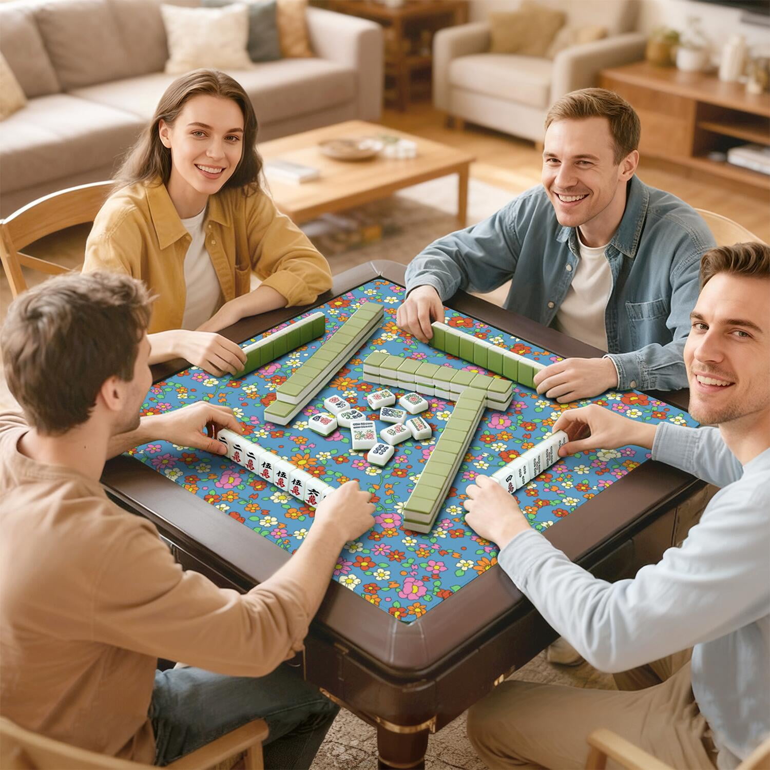 Large Square Floral Rubber Mat for Mahjong 31.5 Inch Game Table Pad Anti-Skid Base Soft Surface Reduces Noise for Tile Games and Game Nights