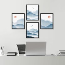 PixonSign Framed Wall Art Pastel Blue Mountain Landscapes Prints, Set of 4 Sunrise Bird Sky Wall Decor Arts, Nature Wall Décor, Adhesive Canvas Poster, Modern Home Artwork - 11"x14" Black