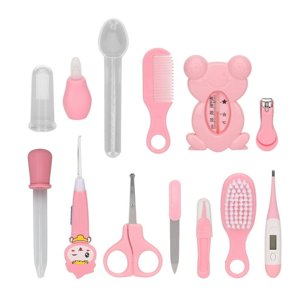 Kit de cuidado de la salud para bebés Tijeras Cortaúñas Pinzas Cuchara para comer Termómetro Peine Kit de cuidado infantil para bebés Rosa