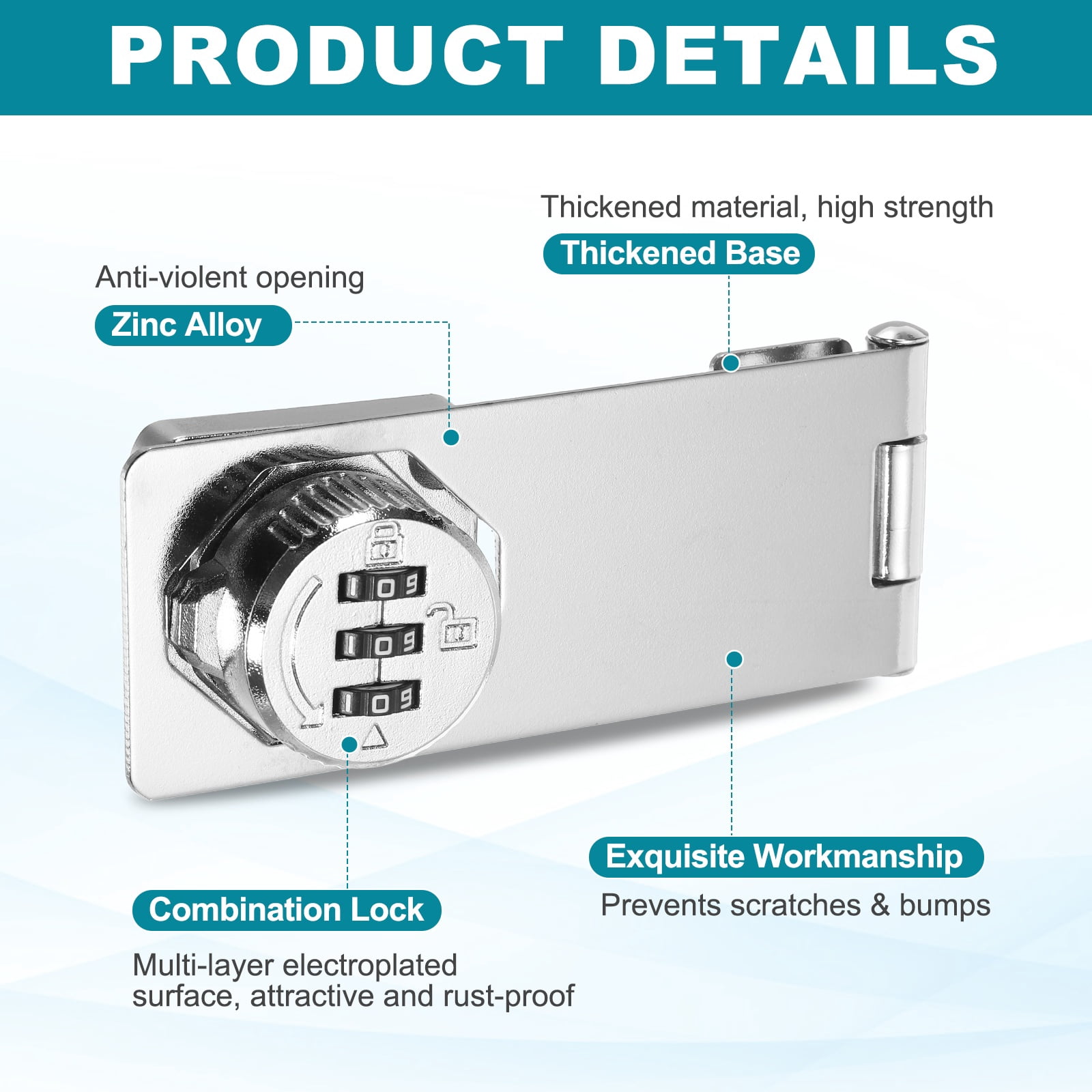 Uxcell Password Rotary Hasp Lock (5", Silver) (2 Pcs), Keyless 3-Digit Cabinet Locks with Combination Security Slide Latch, Suit For- Door/Closet/Barn/Bathroom/Outdoor/Garden