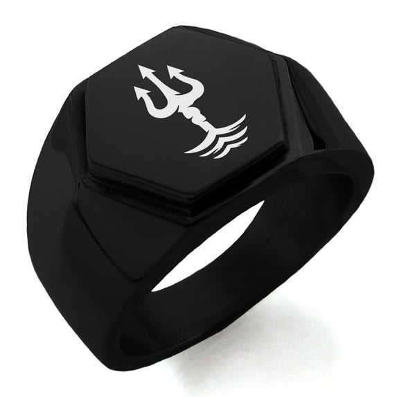 Stainless Steel Poseidon Greek God of Sea Engraved Hexagon Crest Flat Top Biker Style Polished Ring