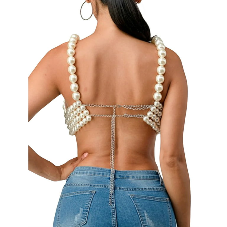 Women Sexy Pearls Beaded Top Pearl Crop Top Spaghetti Strap Bra Cover up  Top Tank Top Party Jewelry Tank Cami Clubwear 
