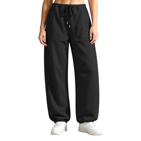 Nfurl Sweatpants for Women Trendy Elastic Bottom Straight Leg Sweatpant Casual Jogging Pants with Pockets Drawstring Elastic Waist Joggers Sweat Pants Black,S