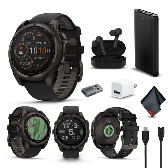 Garmin Fenix 8 47MM Solar Sapphire GPS Multisport Smartwatch Carbon Gray DLC Titanium with Black Gray Silicone Band, Built-in LED Flashlight Bundle with Accessories