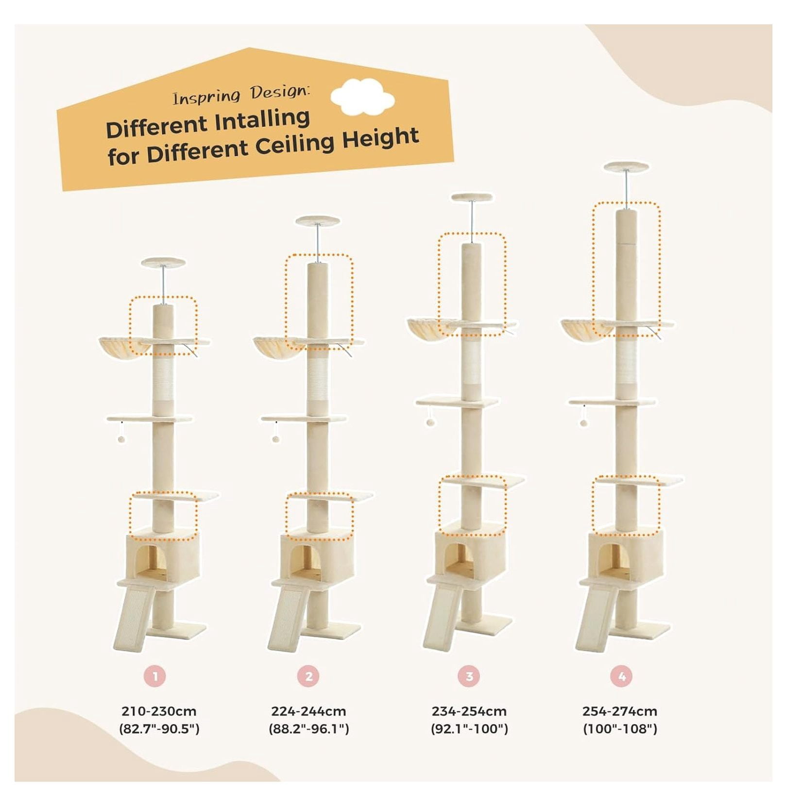 Floor to Ceiling Cat Tree, Tall Cat Tower Adjustable 83''-108'' 5 Level Indoor Cat Climbing Tree with Condo & Hammock, Scratching Post, Beige