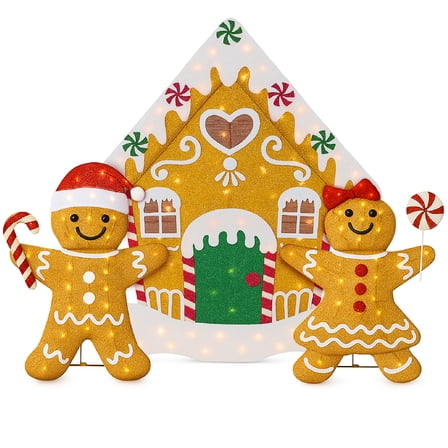 3pc Gingerbread Man Family 2D Christmas Yard Decor, 4ft Light Up Holiday Lawn Decoration w/House, 185 LED Lights