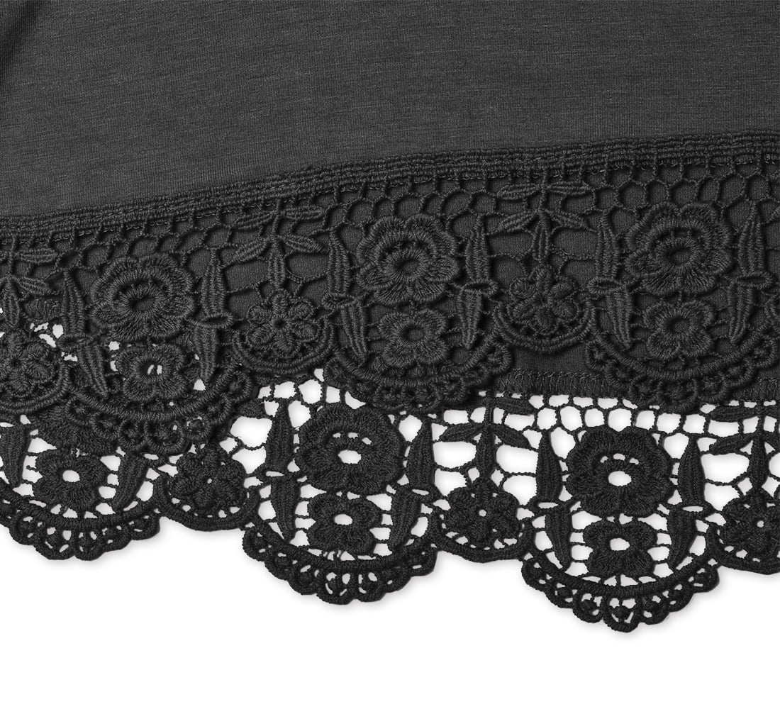 Women's Tops Long Sleeve Lace Trim O-Neck A Line Tunic Blouse Black-Large