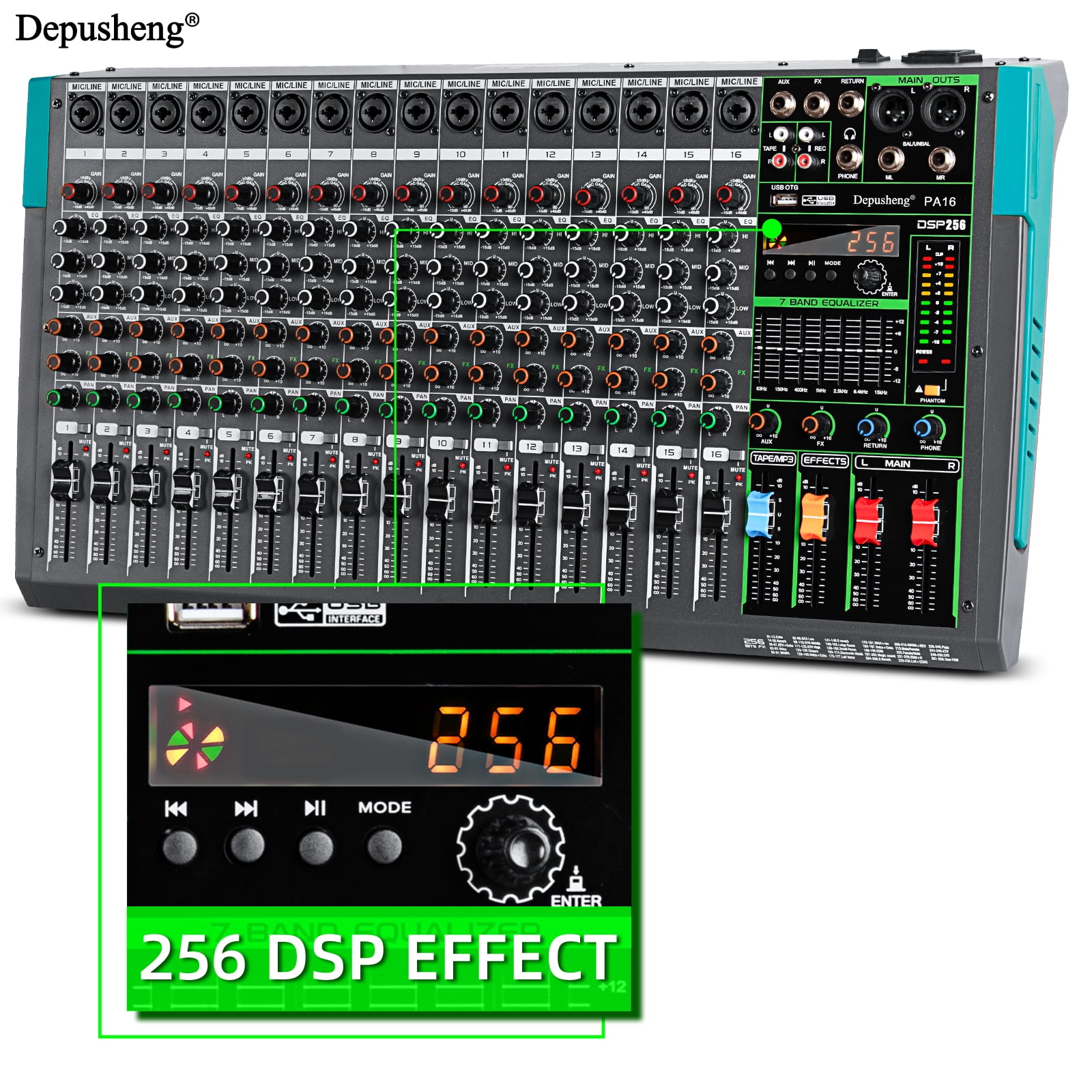 Depusheng PA16 Audio Mixer 16-Channel Mixing Console  48V 256DSP Reverb Effect Professional USB PC AUX Play Record Podcast Broadcast stage