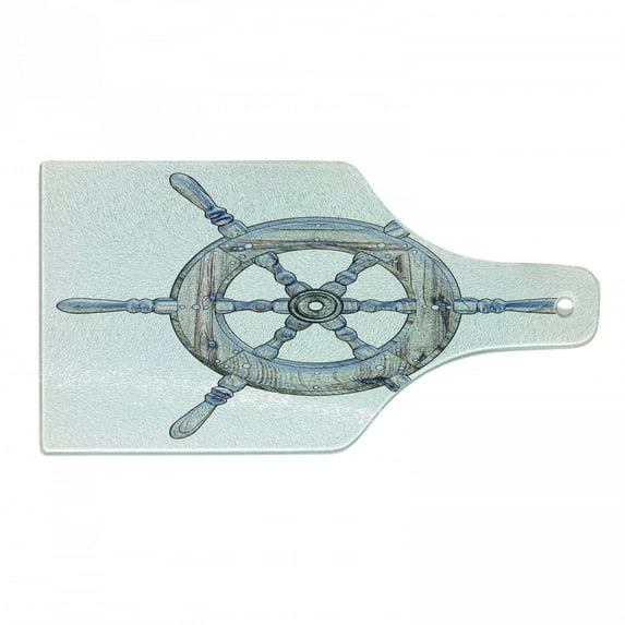 Nautical Cutting Board, Illustration of a Wooden Ship Wheel over White Backdrop Sail Exploring Ocean Theme, Tempered Glass Cutting and Serving Board, Wine Bottle Shape, Blue White, by Ambesonne